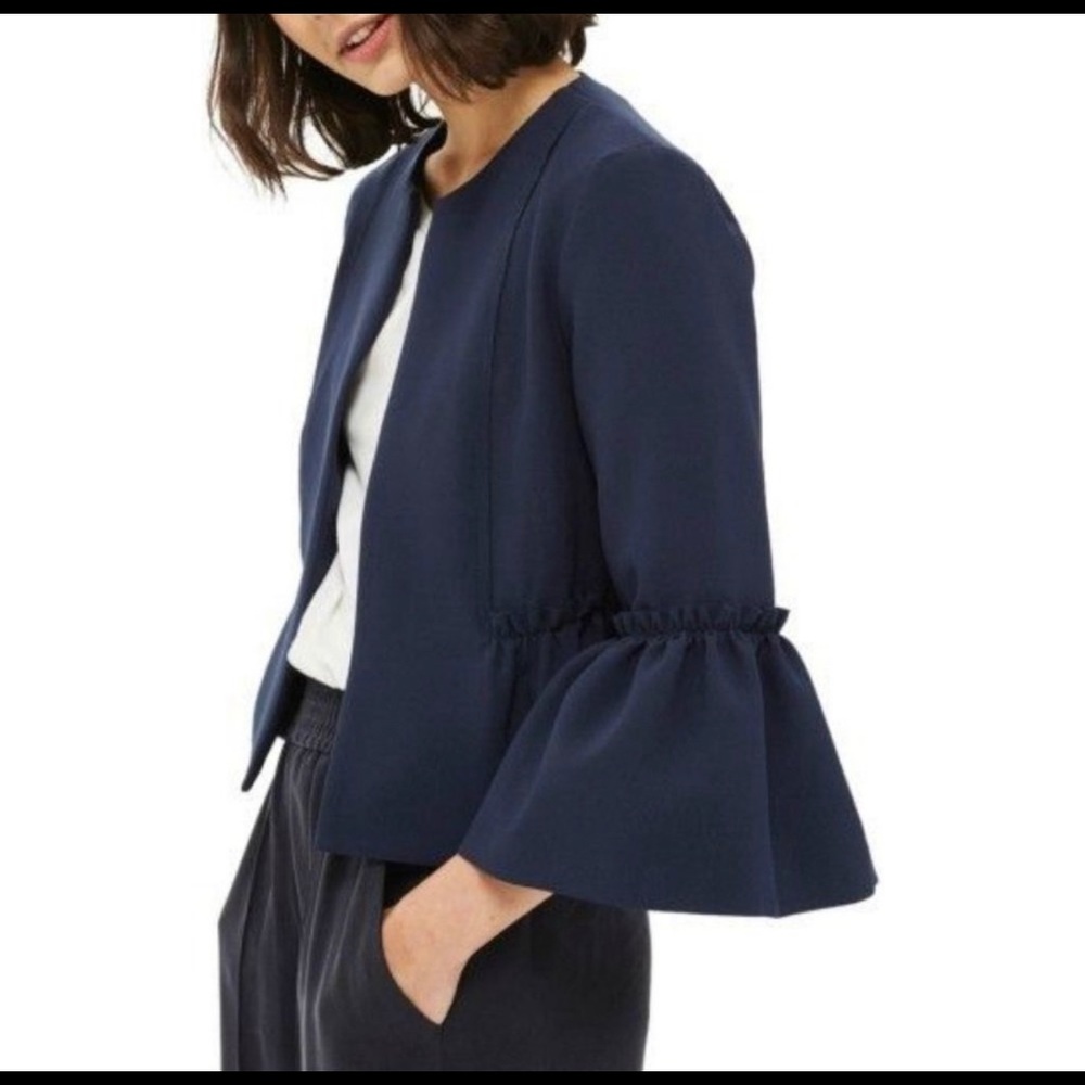 Navy blue crop ruffle sleeve blazer